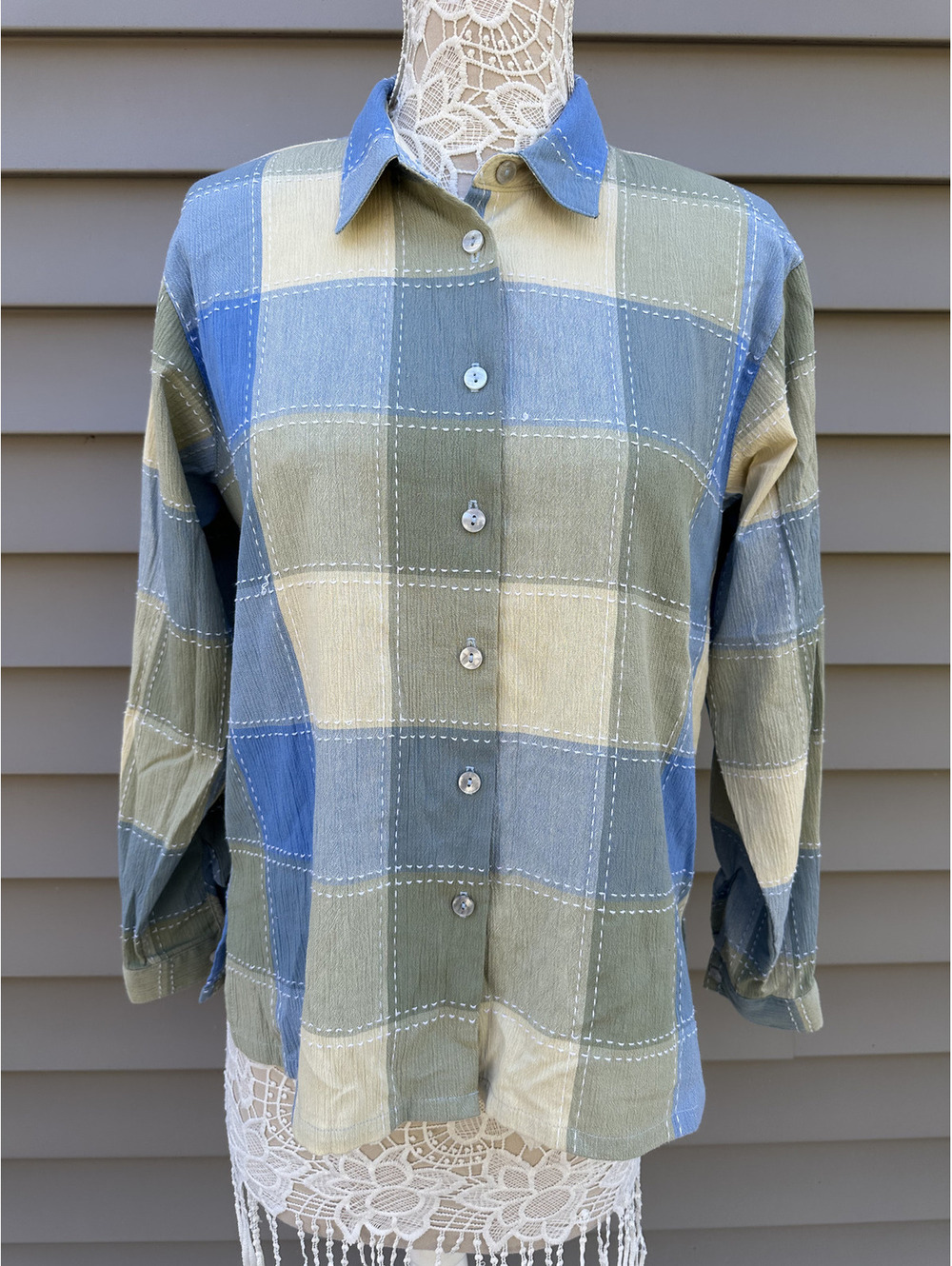 Koret Francisca Button Up Shirt Vintage Cottagecore Casual Blue & Green